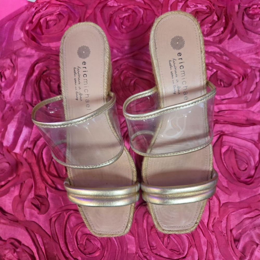 Women's Eric Michae Lucite and l Gold Wedge Sandals
